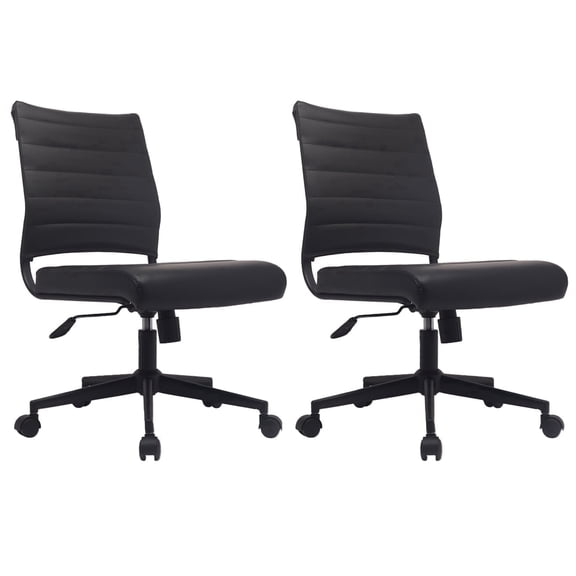 2xhome Set of 2 Black Modern Ergonomic Executive Mid Back PU Leather No Arms Rest Tilt Adjustable Height Wheels Cushion Lumbar Support Swivel Office Chair Home Task Desk Armless on Black Base