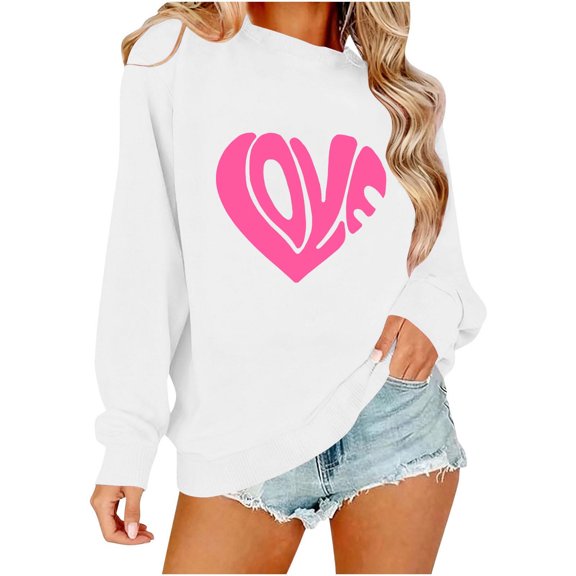 Crewneck Sweatshirts Valentines Day Tops Womens Long Sleeve Love Heart Printed Loose Pullover Fall Spring Clothes (XS, White)