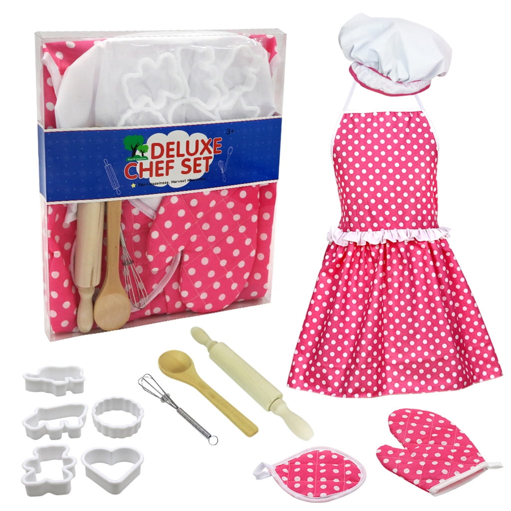 Chef Set For Kids 11Pcs Kitchen Costume Role Play Kit Girls Apron w/ Hat Cooking 