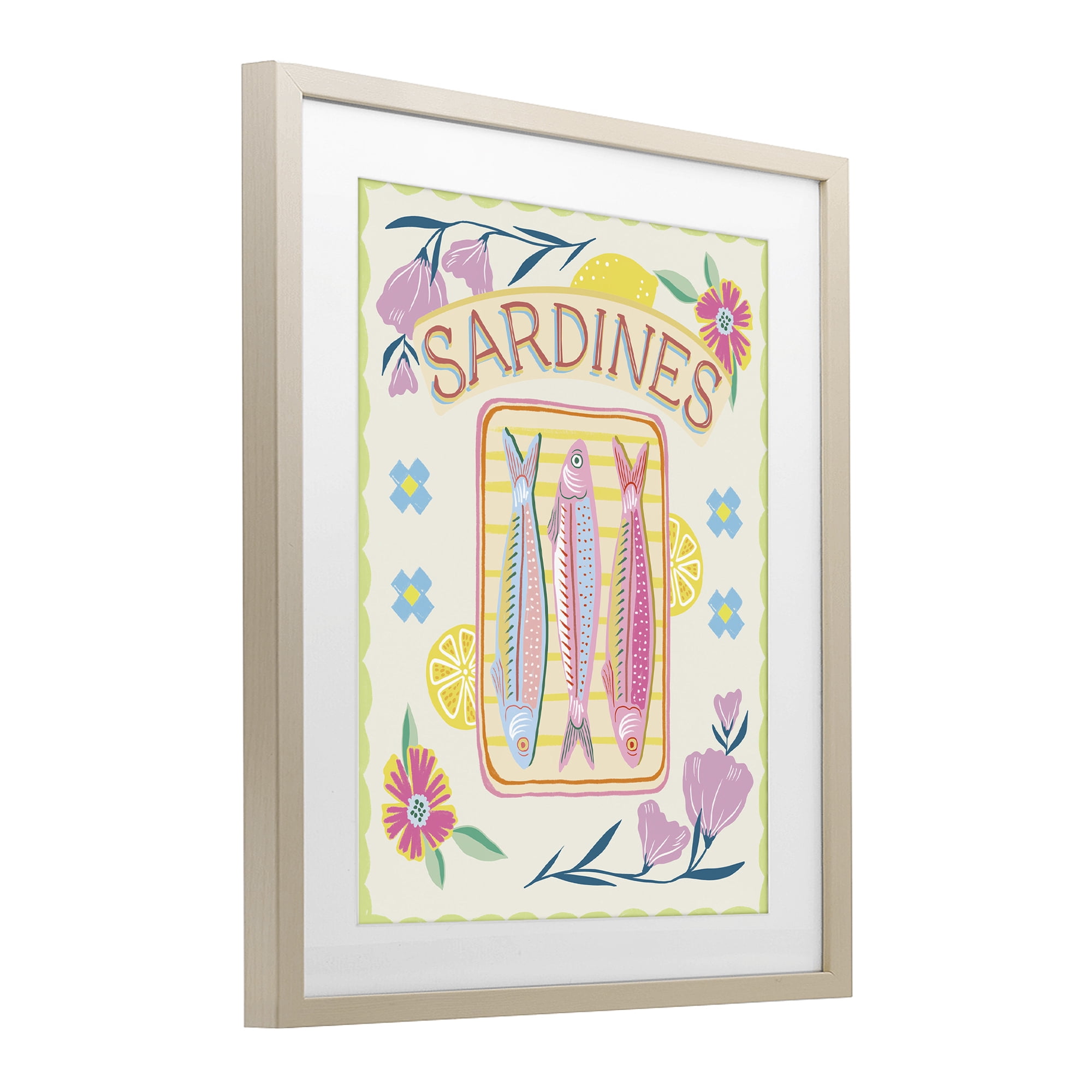 Stupell Industries Pastel Sardines & Flowers Birch Framed Print Under Glass, design by Jo Reid