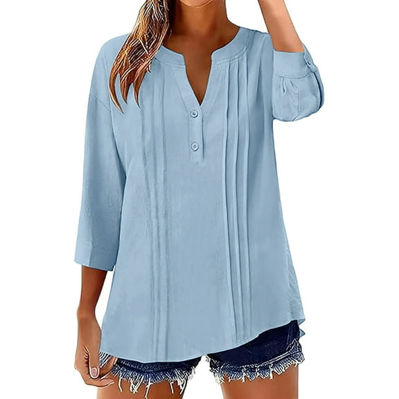 LEKWK Womens Cotton Linen Blouse Pleated Henley V Neck 3/4 Sleeve Tops Roll Tab Sleeve Work Tops Button up Tunic Fit Office Daily Outfits