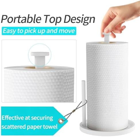 Paper Towel Holder Countertop, Standing Paper Roll Holder with Anti Slip Weighted Base, Stainless Steel Freestanding Paper Towel Holder for Kitchen, White