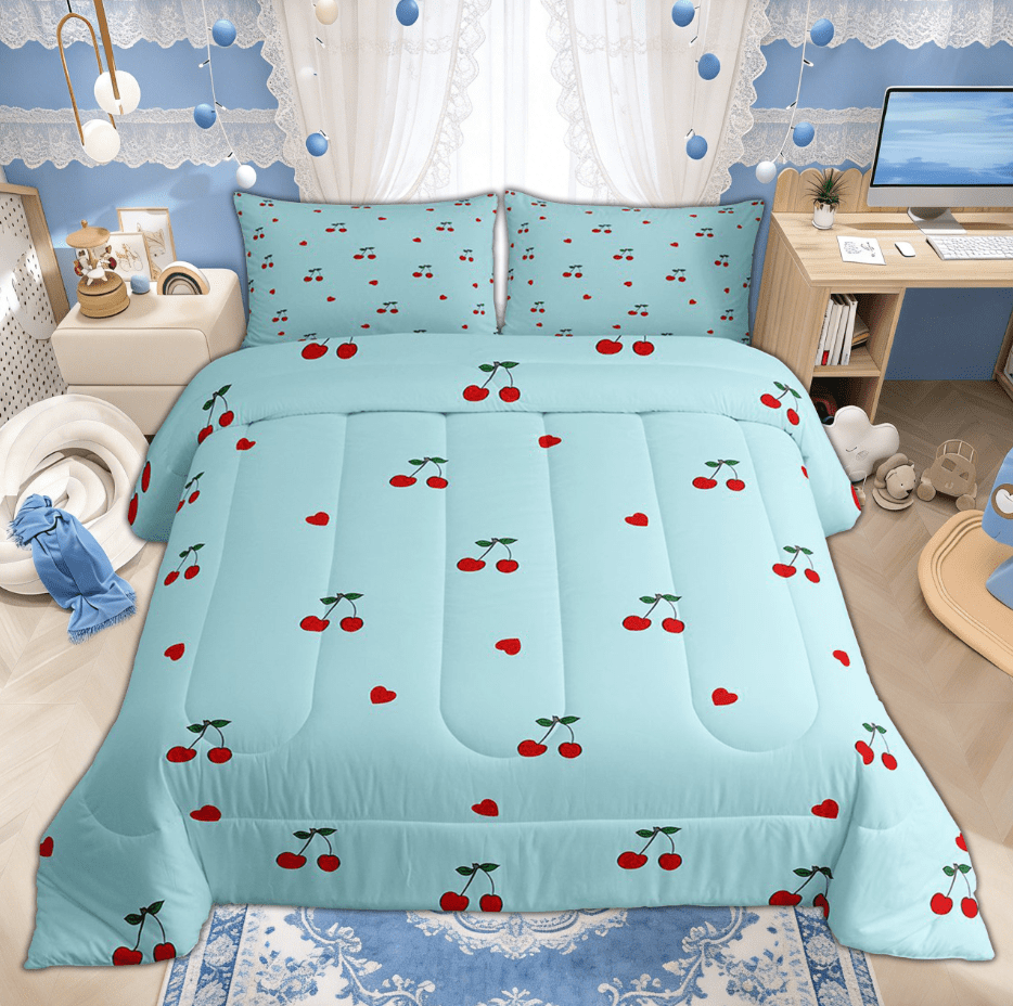 Manfei Kawaii Cute Cherry Full Size Comforter Sets for Kids Girls, Romantic Cartoon Love Heart Bedding Comforter Set, Reversibles, 3 Pieces