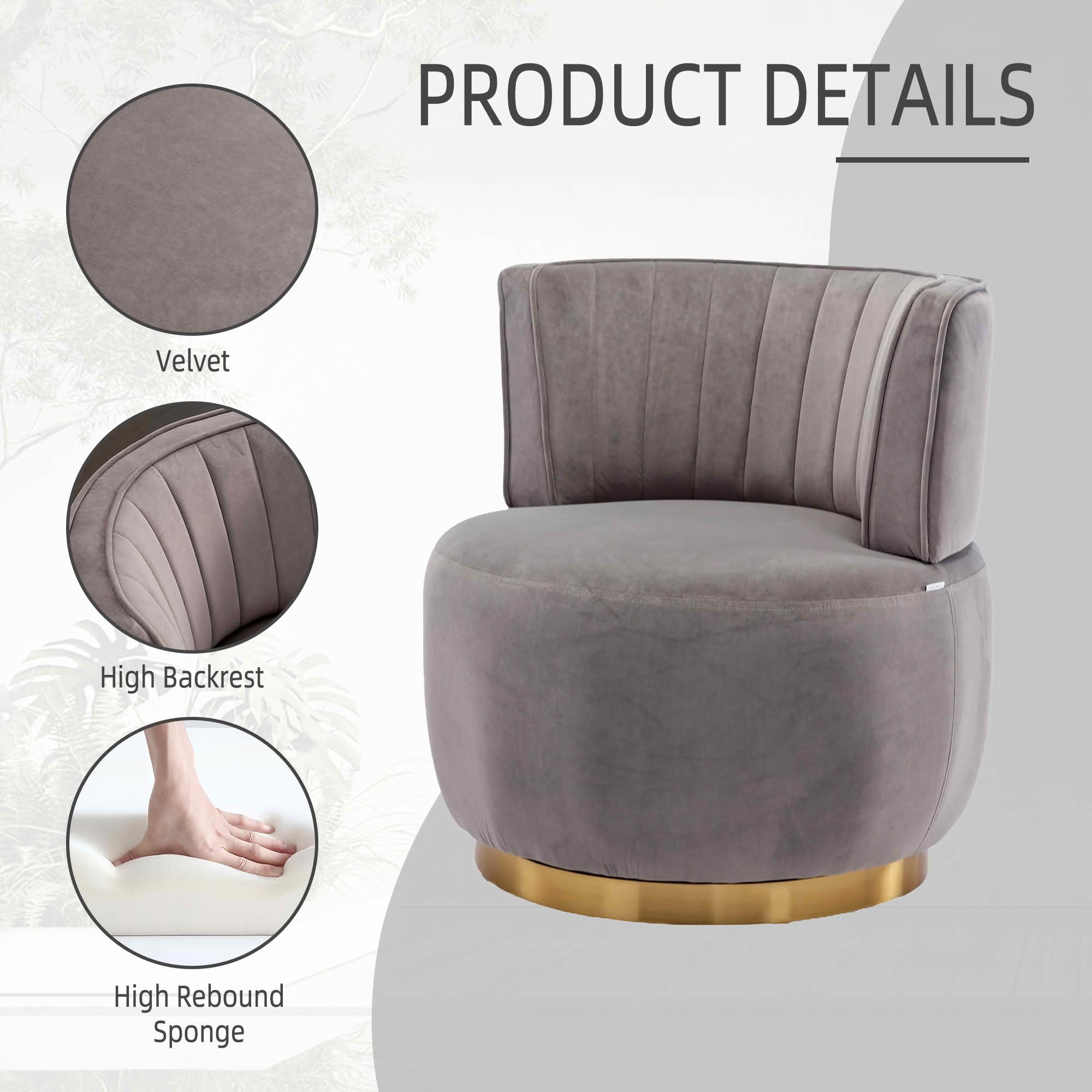MAYEERTY 360 Degree Swivel Cuddle Barrel Accent Chair, Round Velvet Armchair, Gray, for Living Room Bedroom
