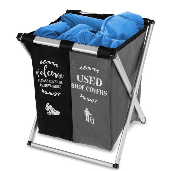 Foldable Disposable Shoe Cover Box Dispenser Fabric Storage Bin Holder with Shoe Covers and Welcome Please or Remove Sign for Open House Supplies(Gray, Black)