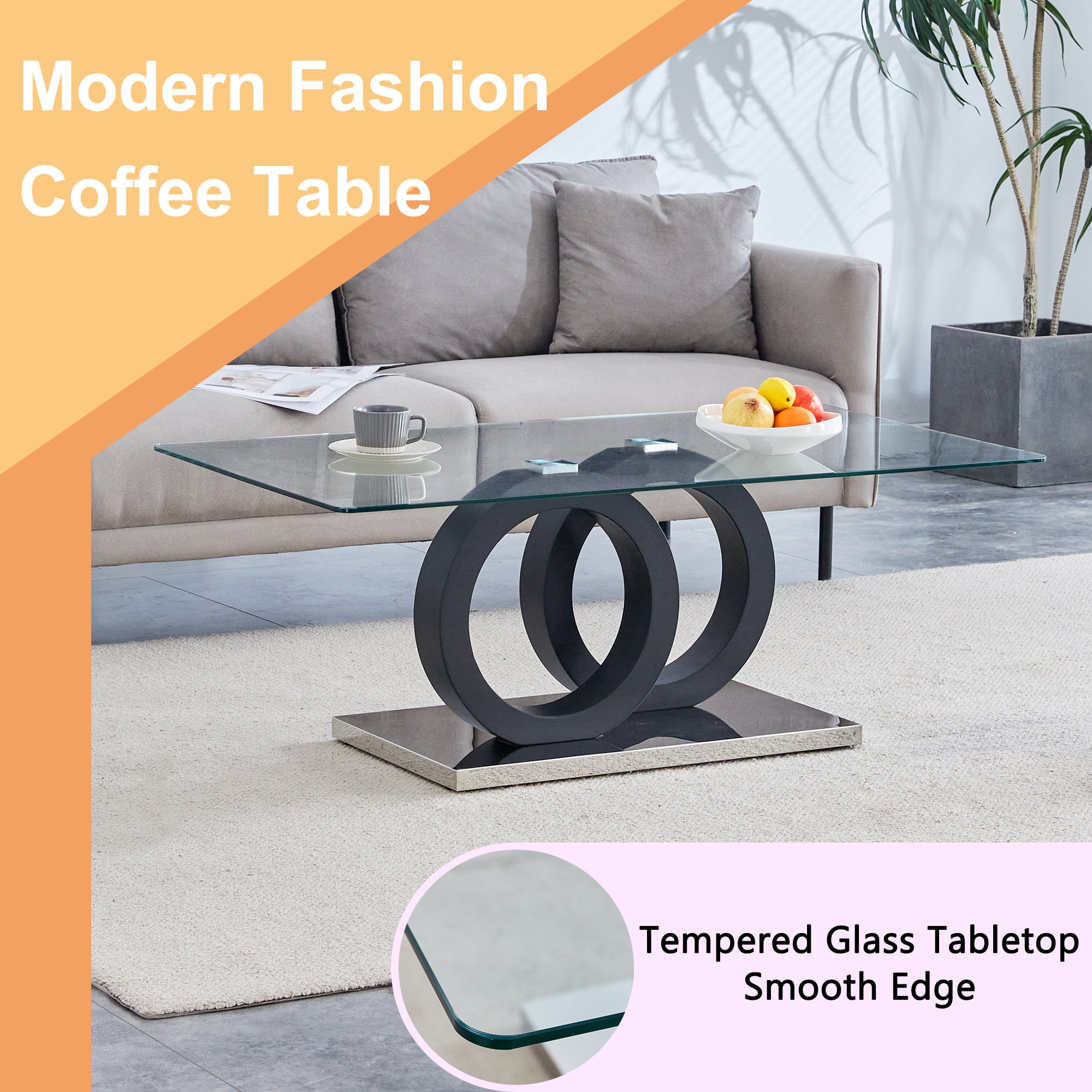 TesNus Glass Coffee Table for Living Room, Modern Rectangular Center Table, 47” Living Room Table with Clear Tempered Glass Top and Steady Black OO Shaped Base