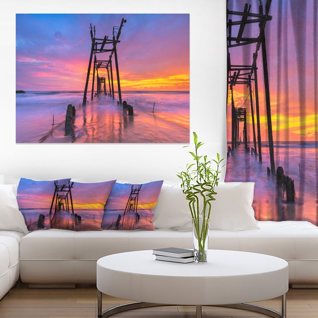 Discarded Wooden Bridge at Sunset - Pier Seascape Canvas Art Print