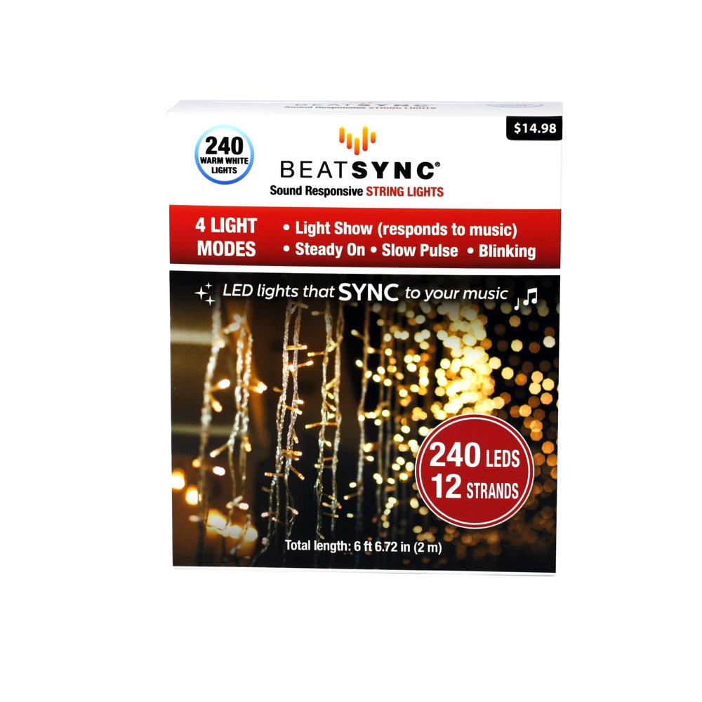 Battery Operated BeatSync 4 Function, Curtain String Lights with Warm