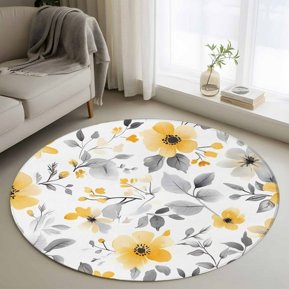 Yellow Floral Spring Round Rug 3ft Washable Circle Entryway Rugs Non Slip Elegant Summer Botanical Gray Area Rug Indoor Floor Carpet for Bedroom Kitchen Living Room Home Office Dining Room Nursery
