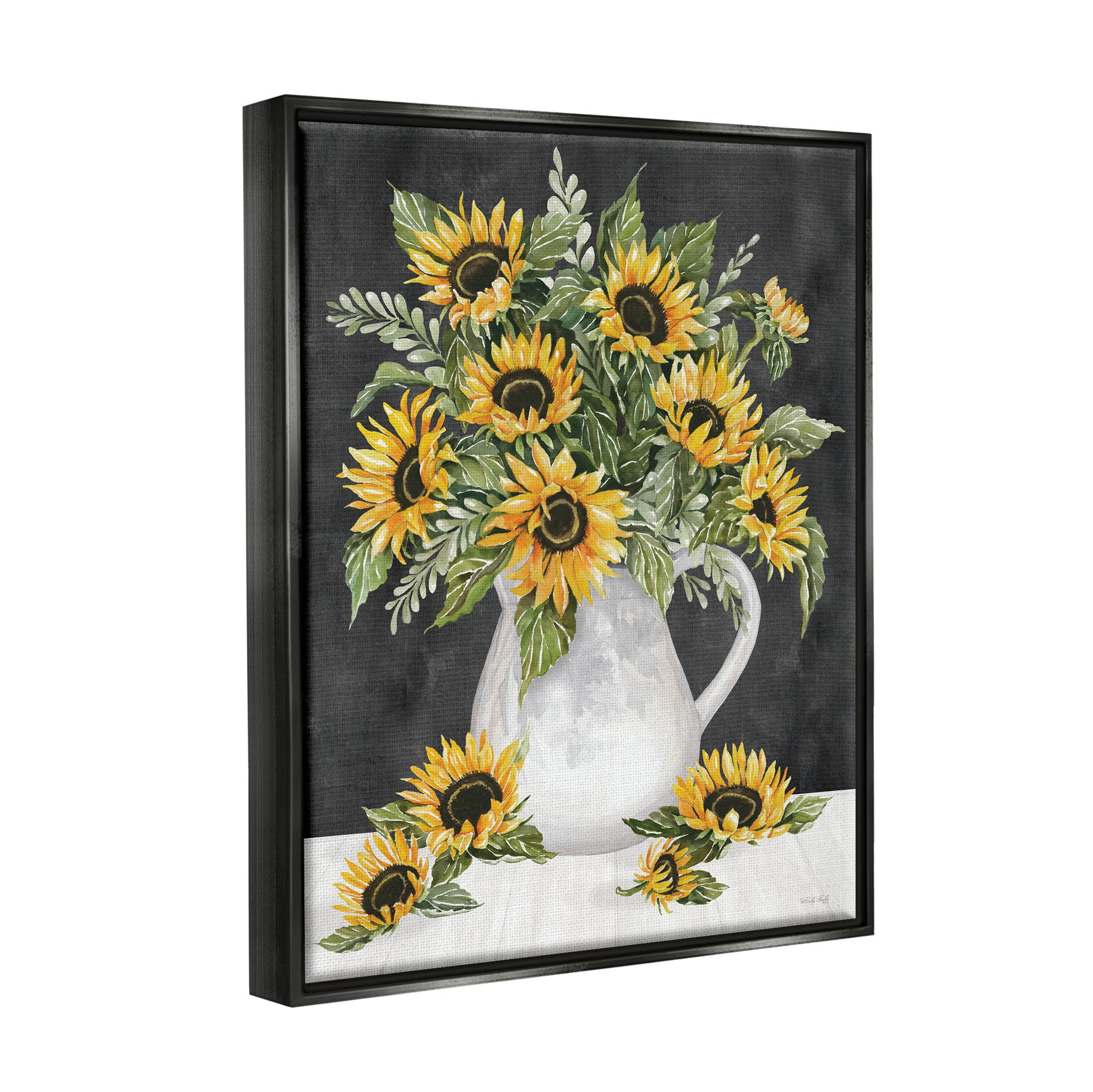Stupell Industries Country Sunflowers Vase Blossom Petals Graphic Art Jet Black Floating Framed Canvas Print Wall Art, Design by Cindy Jacobs