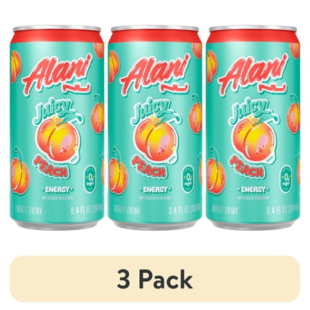 (3 pack) Alani Nu Sugar Free Energy Drink Mini, Juicy Peach, 8.4 fl oz, Can, 100mg Caffeine