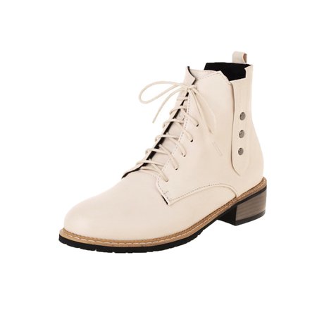 

jsaierl Women s Decorative Buckle Side Zipper Strap Round Head Low Heel Boots