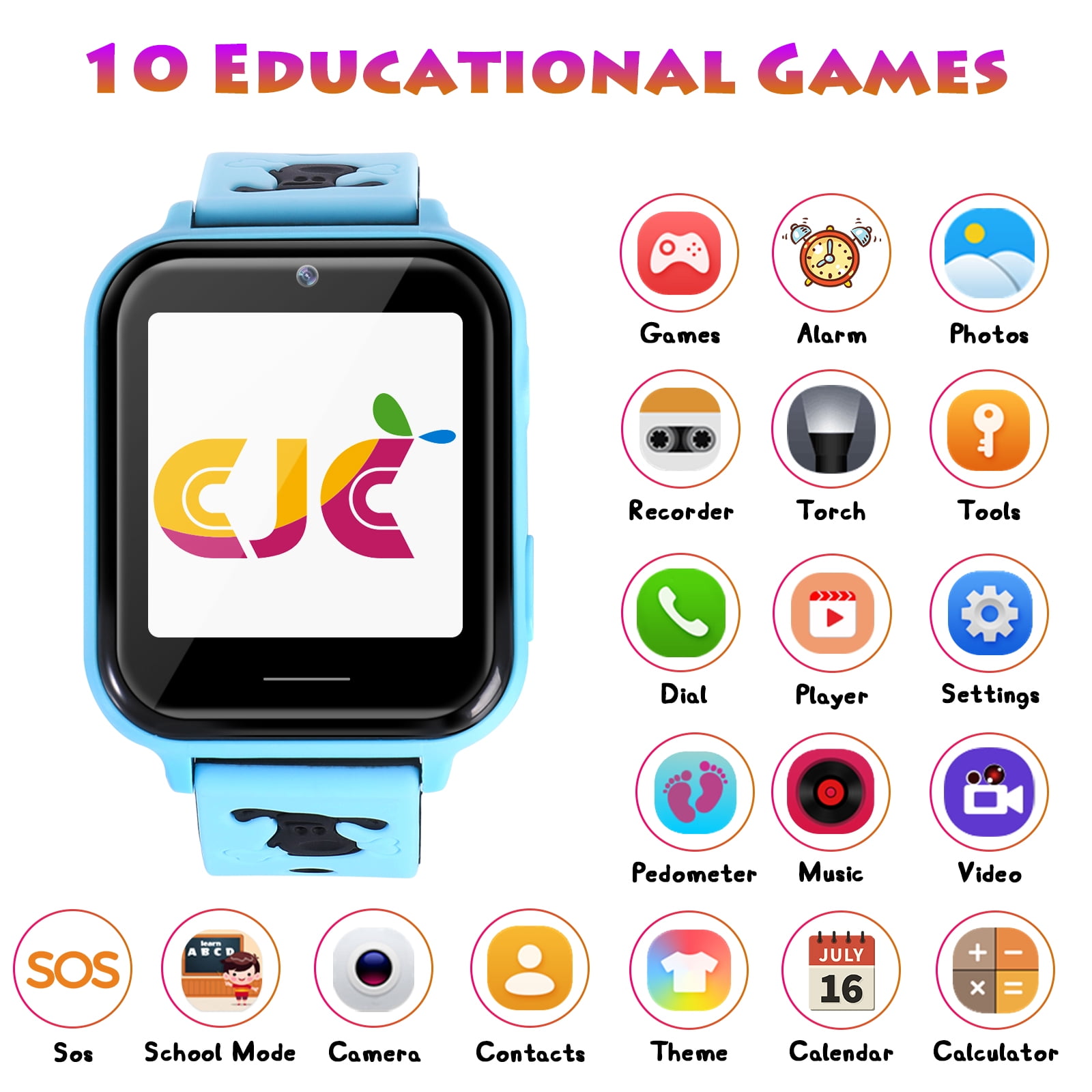 Kids Smart Watch for Boys Girls -Gifts for 4-12 Year Old Kids, 10 Funny Games SOS Call Music Player Camera Alarm Clock Calculator, Educational Learning Toys (Blue)