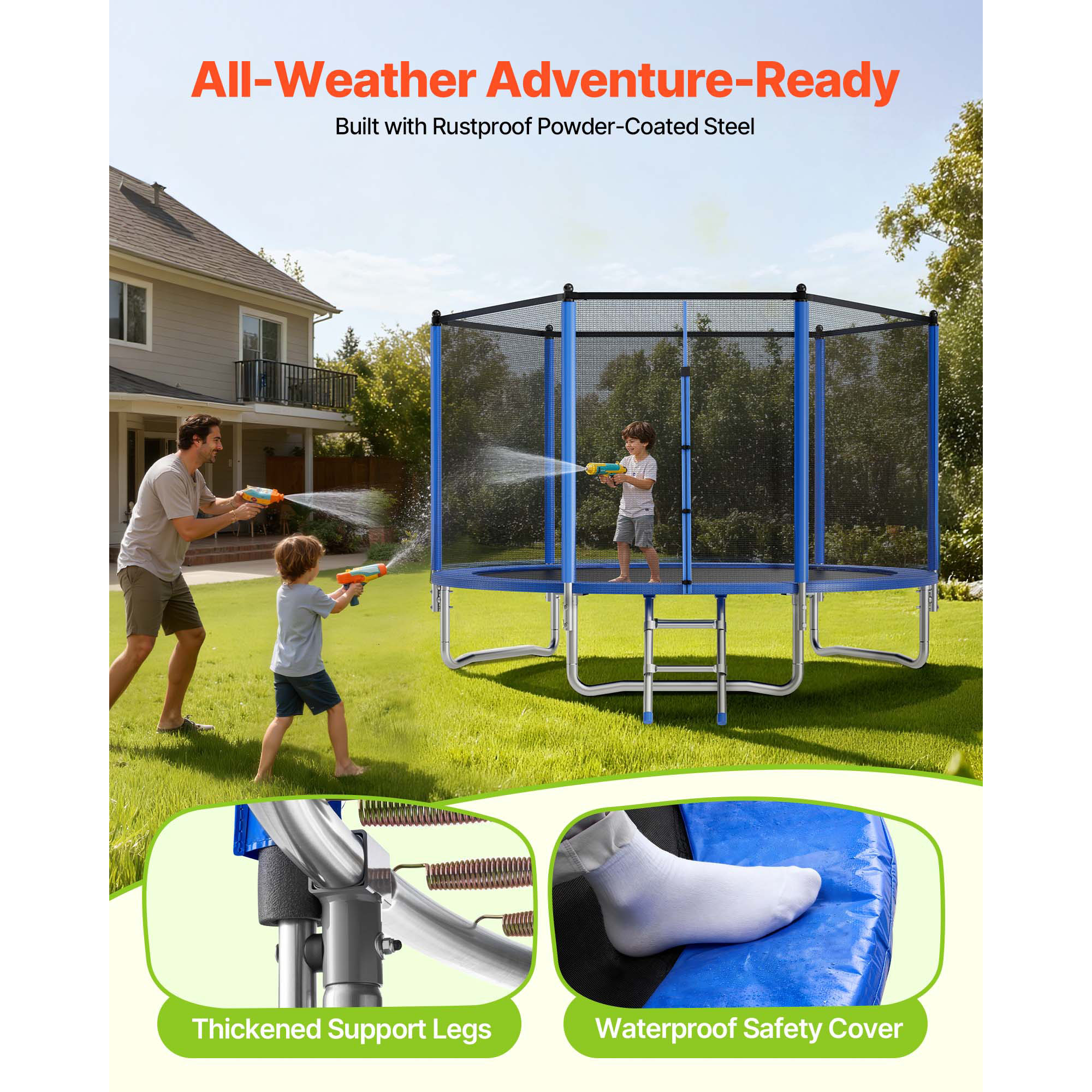 KFFKFF 10FT Outdoor Trampoline with Safety Enclosure, ASTM Certified, Durable Design, 330 lbs Weight Limit, Rust-Resistant Recreational Trampoline for Backyard Fun for Kids and Adults