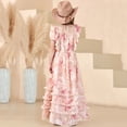 thumbnail image 5 of Kids Girls Puff Sleeve Floral Chiffon Dress, Square Neck Tiered Ruffle Trim Casual Long Dress, for Formal Events, Vacations & Photoshoots Pink 7-8 Years, 5 of 8