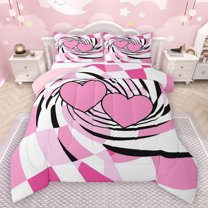 Manfei Kawaii Loves Queen Comforter Set,Modern Abstract Geometric Bedding Sets,White Pink Bedding Comforter Set For Girl,Breathable Home Decor Reversible,3pcs