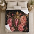 thumbnail image 4 of Flaming Jeweled Heart Surrounded by Pink Peonies, Soft Flannel Blanket with Baroque Floral Illustration Print, Housewarming Gift and Home Decor for Bedroom and Living Room, 4 of 7