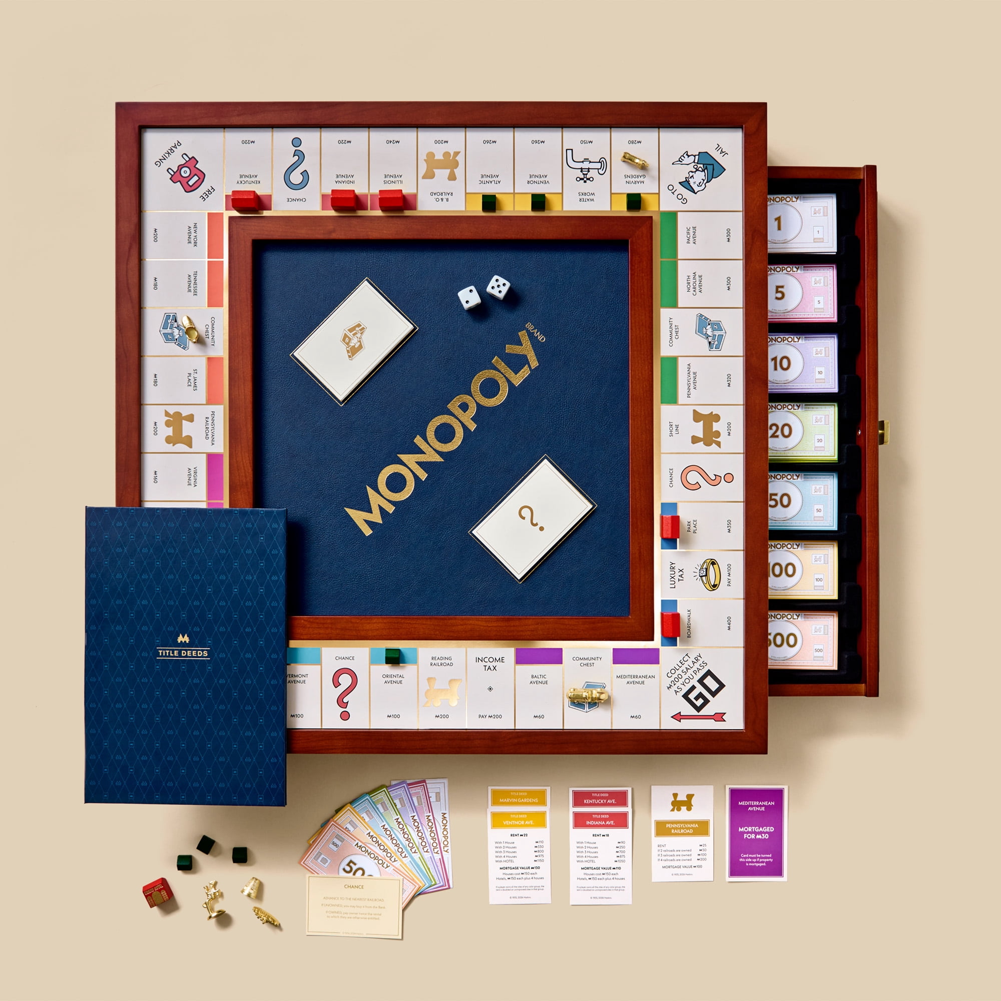 Monopoly Legacy Edition by WS Game Company — Deluxe Cherry Wood Cabinet with Vegan Leather Rolling Area — Premium Collector’s Board Game featuring Two Storage Drawers, Gold-Toned Tokens, Wood Houses