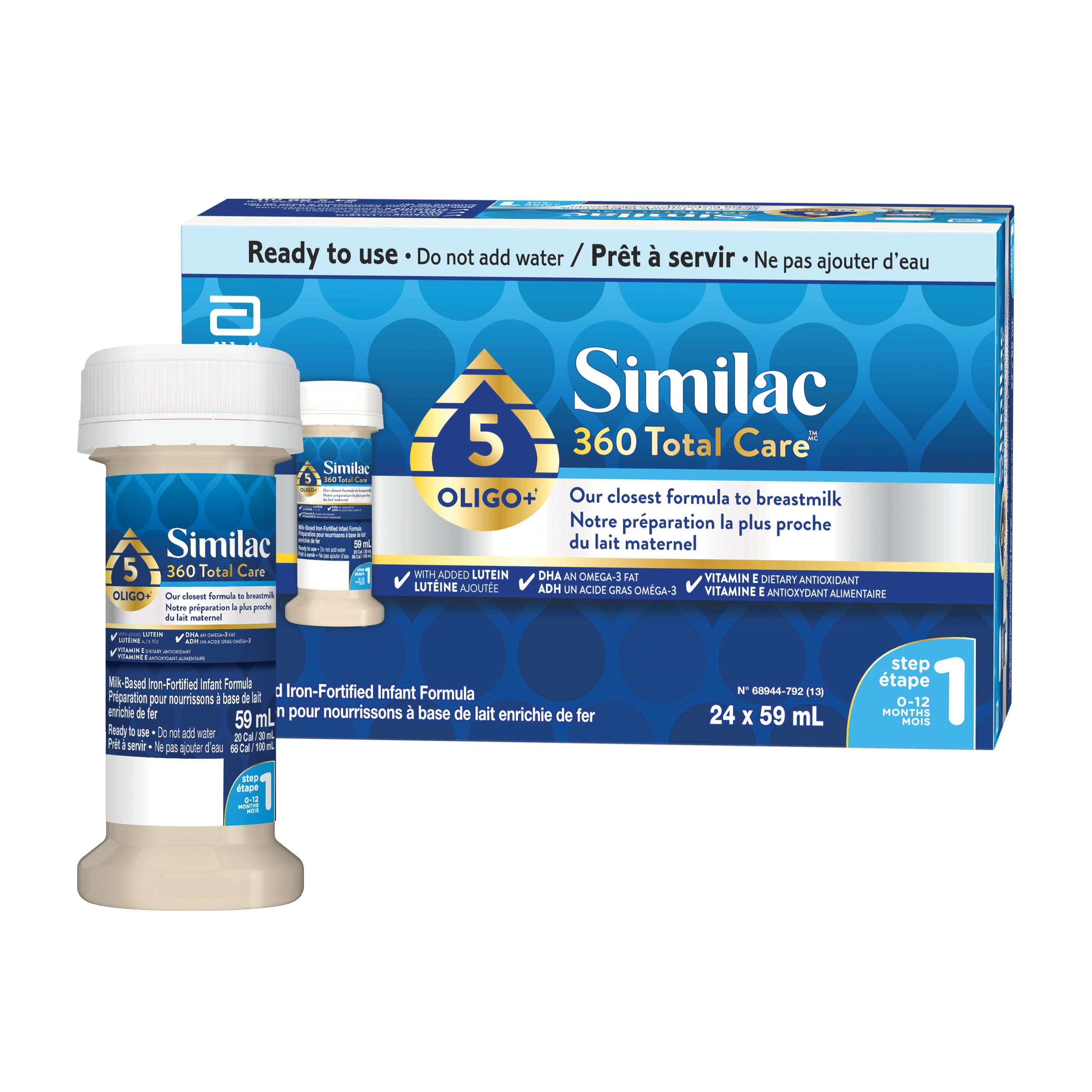 Similac 360 Total Care Step 1, Baby Formula, Infant Formula, 0-12 months, blend of 5 oligosaccharides, 24x59mL Ready to Feed Bottles