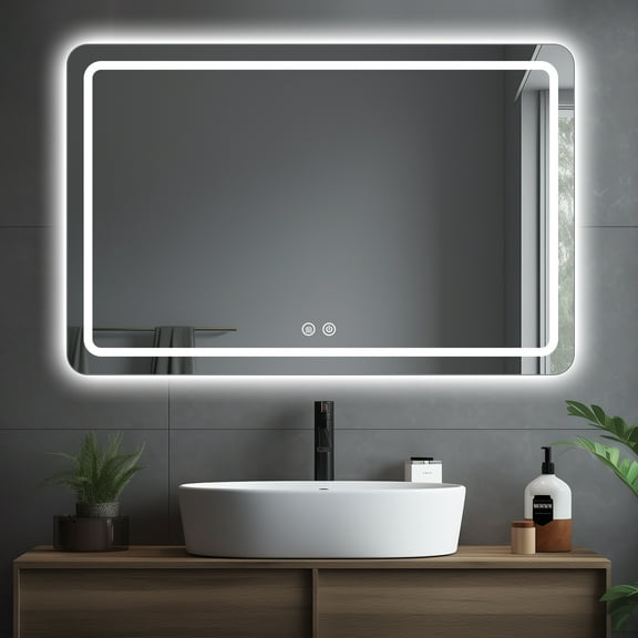 LED Bathroom Mirror, 36 x 28 Inch Anti-Fog Wall Mirror with Lights Stepless Dimmable, Lighted Bathroom Mirrors for Wall, Rectangle Bathroom Vanity Mirror with Front and Backlight, Horizontally Only