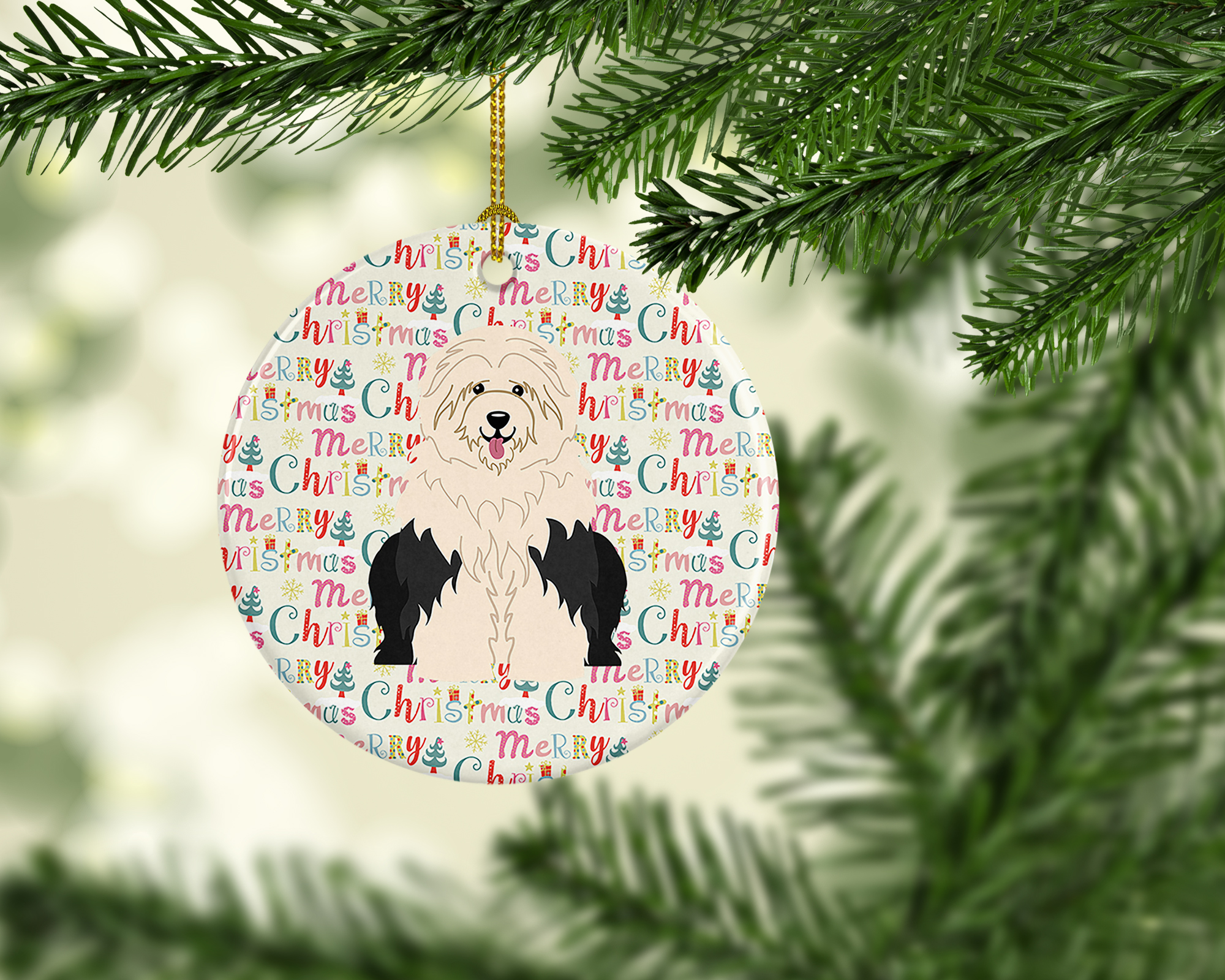 Merry Christmas Old English Sheepdog Ceramic Ornament 2.8 in x 2.8 in