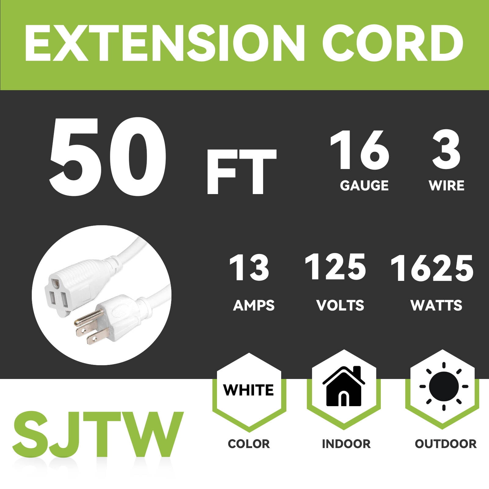 EP 50 Ft 16/3 SJTW White Outdoor/Indoor Extension Cord, Durable Electrical Cable