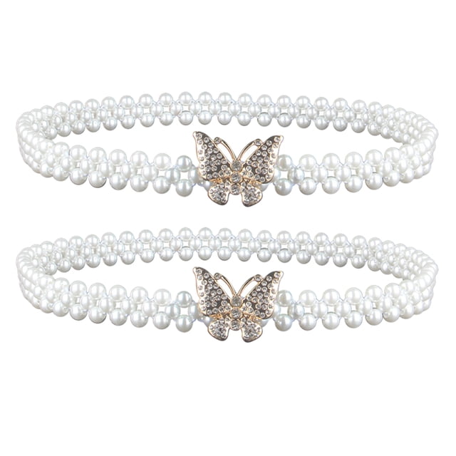 Cinturón de perlas con diseño de mariposa dorada, 2 unidades, elástico, con diamantes de imitación, para mujeres y niñas, color blanco