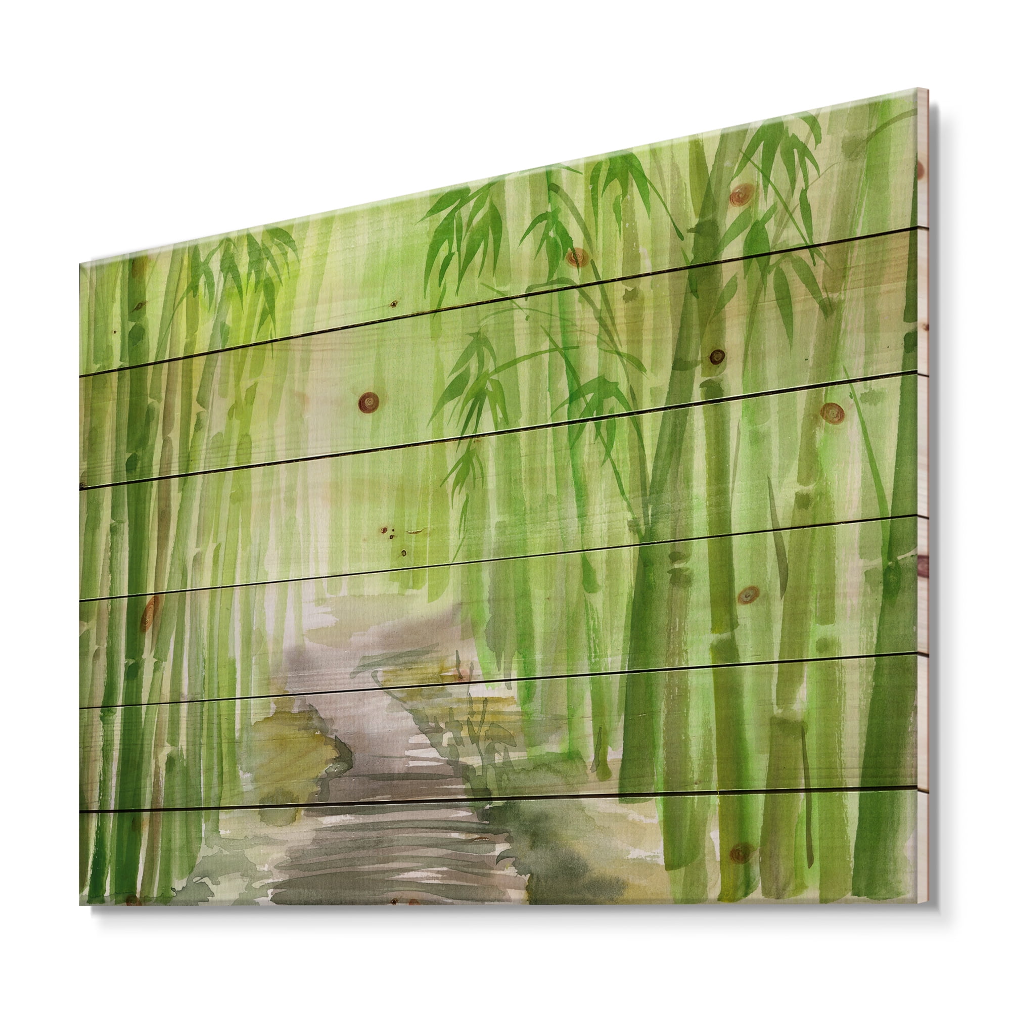 Designart 'Path in Green Bamboo Forest' Traditional Print on Natural Pine Wood