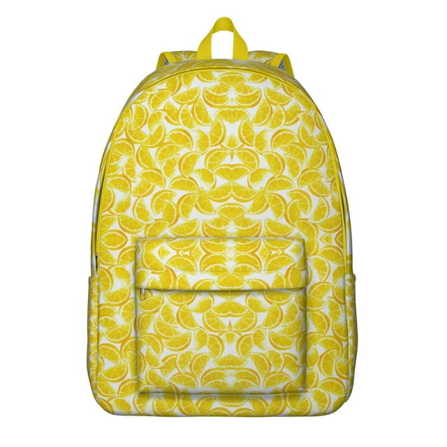 Cute Summer Lemon Print School Backpack, Bright Citrus Fruit Floral Pattern Daypack with Retro Vintage Aesthetic