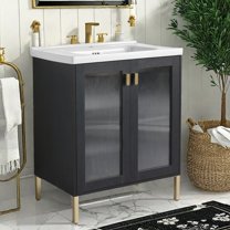 GlasFlength Modern Bathroom Vanity with Sink ,Freestanding Black Cabinet for Elegant Bathroom Storage with great & Water-Resistant Design for Small Room(28")