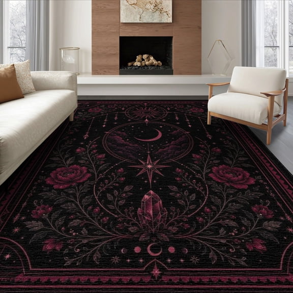 ODIKA 8'x10' Washable Area Rug Dark Red Black Celestial Floral Design Mystical Moon and Star Motif with Accents for Dining Room, Large Office, Lounge, Non-Slip Chair-Friendly Mat