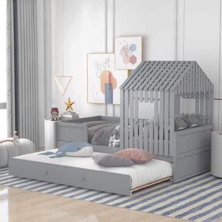 Gray Low Loft Bed Twin Size  Seizeen Solid Wood House Bed Frame with Trundle Bed  Roof and Guardrails  for Kids/Teens Bedroom  No Box Spring Needed  L0118