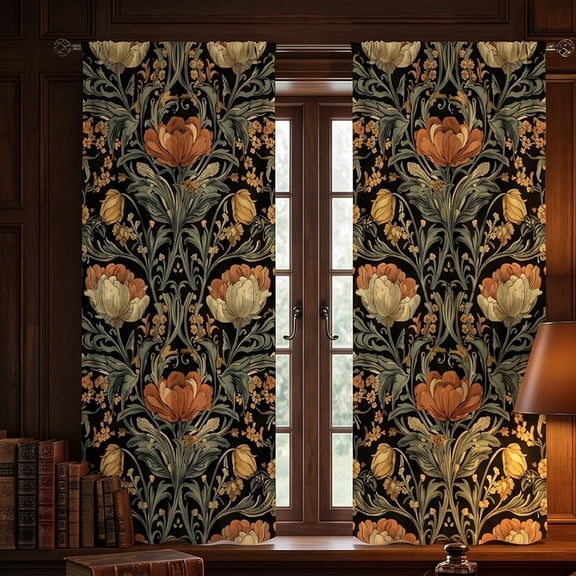 20.86 x 53.93 in Vintage Floral Window Curtains 2 Panels - Morris Style Dark Botanical Rod Pocket Drapes, Rustic Light Filtering Curtains for Living Room Bedroom