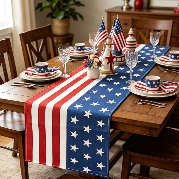 Darzheoy 4th Of July Table Runner, USA Flag Polyester Runner With Planets Lines, Patriotic Dining Table Decor For Independence Day Home Kitchen