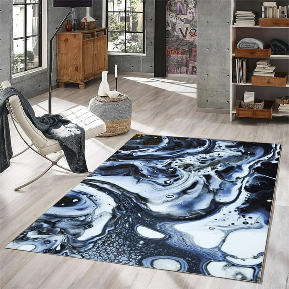 4x8ft Area Rug Living Room Rug Modern Dark Blue Ivory Washable Indoor Outdoor Rug Low Pile Carpet Rug Bedroom Office Dining Room Style Rug 13
