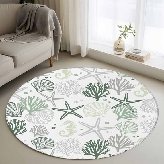 Round Rugs 3Ft, Sage Green Coastal Round Area Rug Washable Indoor Throw Carpet, Summer Beach Starfish Coral Nautical Small Non Slip Circle Rug for Bedroom Living Room Home Decor Aesthetic