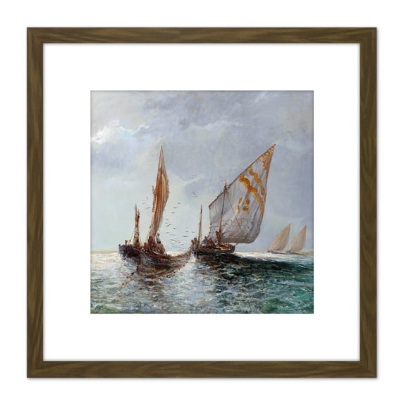 Littrow Fishing Boats Coast Seascape Painting 8X8 Inch Square Wooden Framed Wall Art Print Picture with Mount