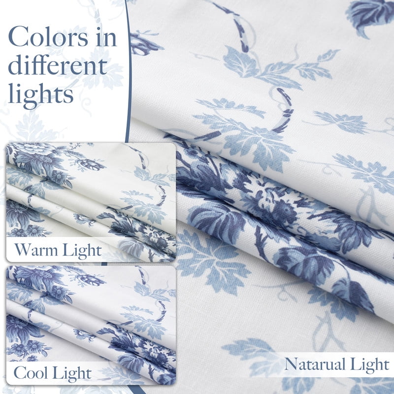 NICETOWN Floral Curtains for Bedroom, Faux Belgian Linen Curtains Light Filtering Semi Sheer Linen Drapes Back Tab Privacy Protection Window Treatments, Blue, 52"x84", 2 Panels