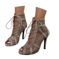 thumbnail image 3 of Stiletto Heels for Women Open Toe Mesh Lace Up High Heel Boots for Dance Shoes Elegant Ballroom Party Sandals, Khaki, Size 9.5, 3 of 6