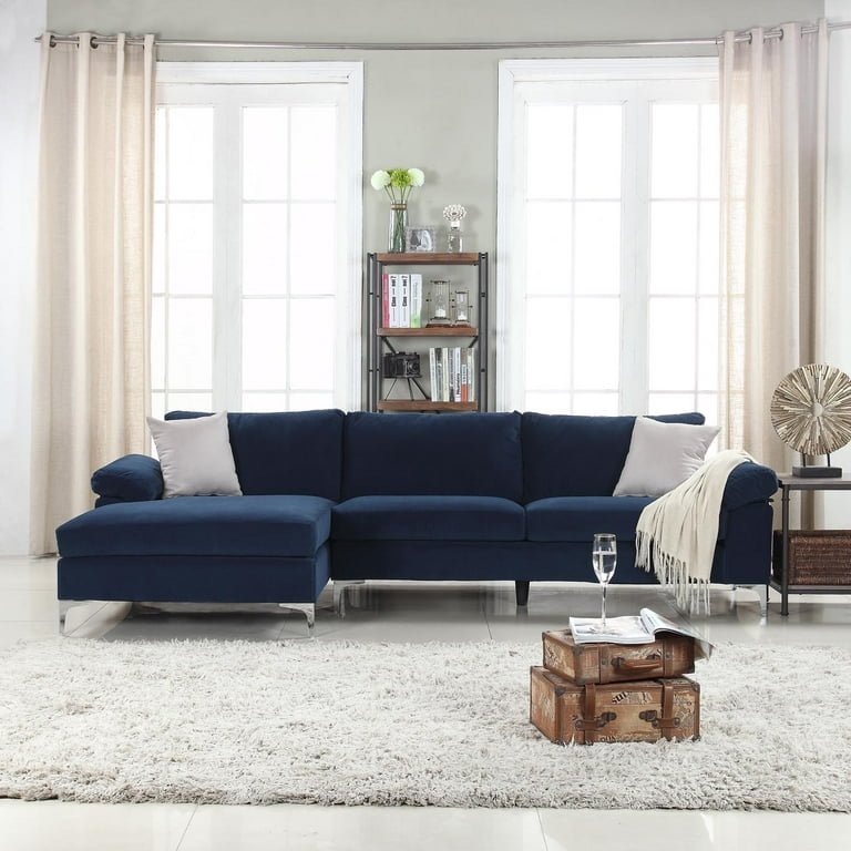 Modern Velvet Fabric Sectional Sofa Large L Shape Couch with Wide Chaise Lounge Navy Walmart