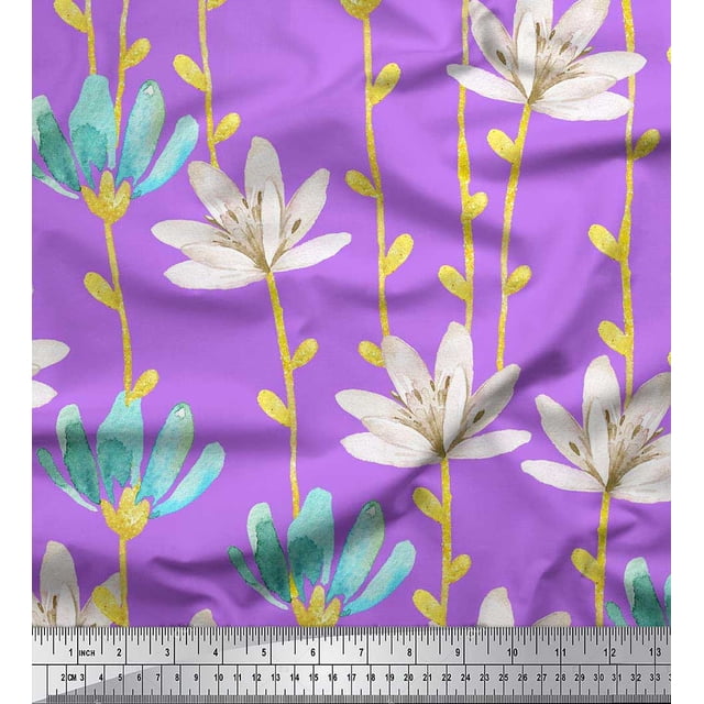 Soimoi Poly Georgette Fabric Leaves & Wild Flower Decor Fabric Printed Yard 42 Inch Wide