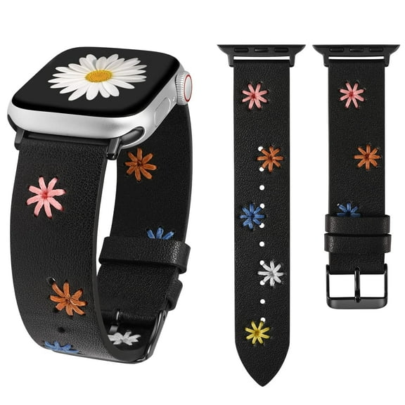Wearlizer Floral Band Compatible with Apple Watch Band Women 41/40/38/45/44/42/46/49mm(Ultra) Cute Fancy Handmade Daisy Stitched Leather Designer Strap for iWatch Series 10/9/8/SE/7/6/5/4/3/2/1
