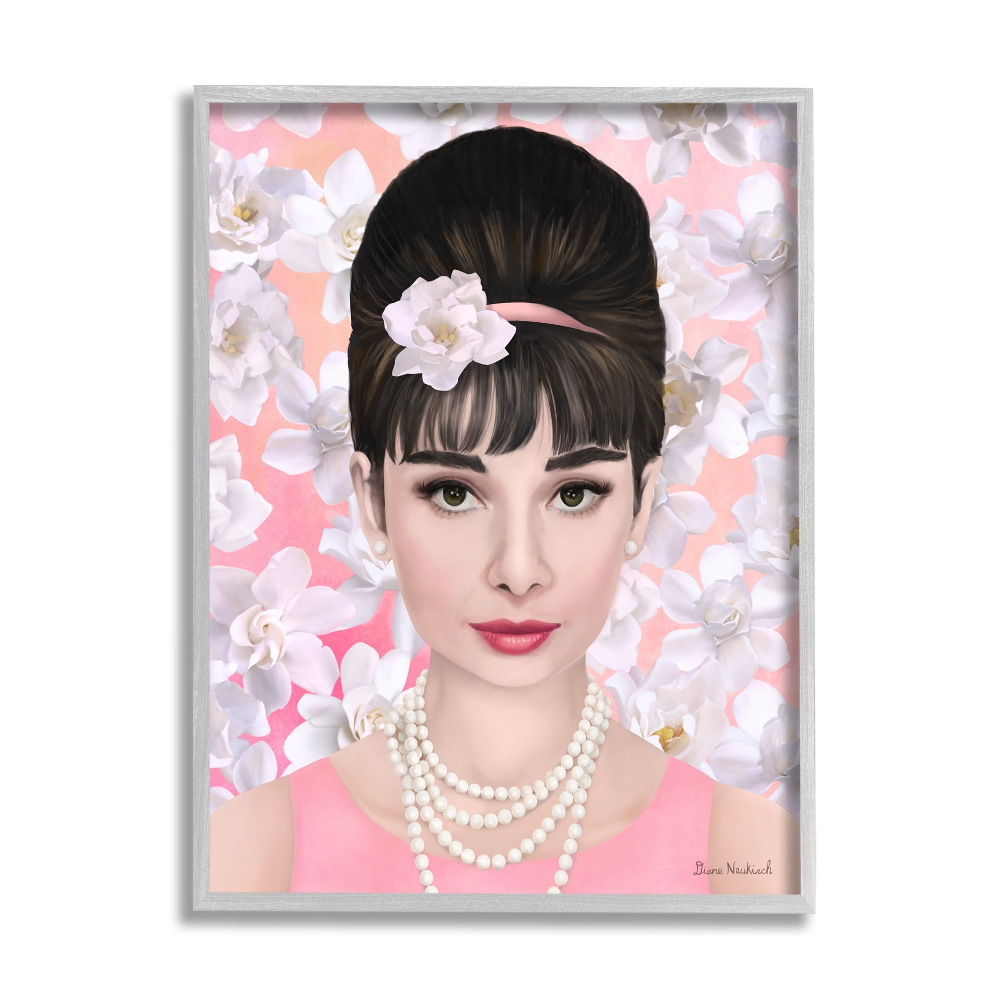 Stupell Industries Audrey Hepburn Polished Fashion Accessories Floral Pattern Graphic Art Gray Framed Art Print Wall Art, Design by Diane Neukirch