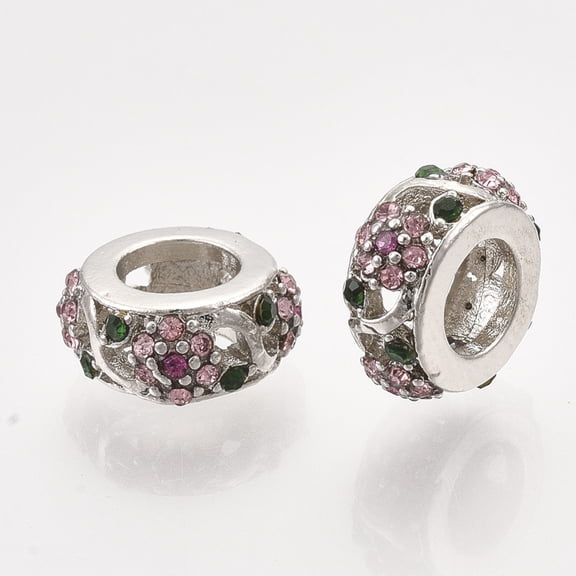 Alloy European Beads Large Hole Beads with Rhinestones Flat Rondelle with Flower Colorful Platinum 10.5x4.5mm Hole: 5mm