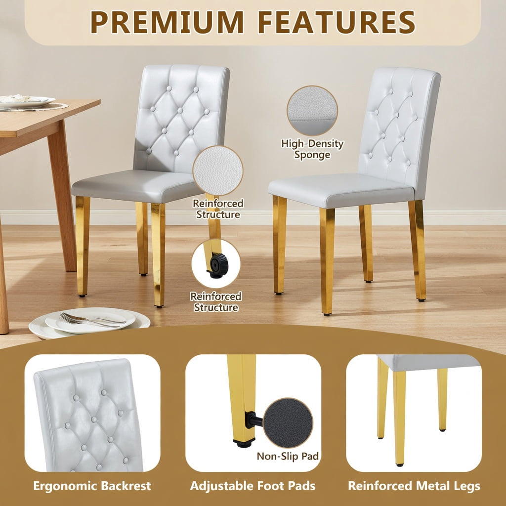 Hommoo 4-Pack PU Leather Dining Chairs with Ergonomic Buckle Backrest & Metal Legs, 35 in Tall, Commercial-Grade for Restaurants, Banquet Halls & Modern Homes, Light Gray & Gold