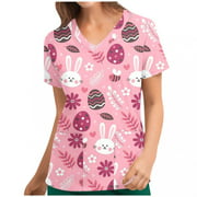 Pisexur Womens Nursing Scrub Tops Easter Eggs Bunny Rabbit Printed Working Uniform Short Sleeve V Neck Workwear Blouse T-shirt with Pockets