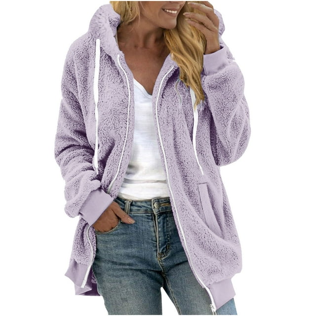 HAiming Womens Plus Size Fleece Coat Full Zip up Long Sleeve Soft Comfy Jacket Thick Fall Winter Trendy Clothes