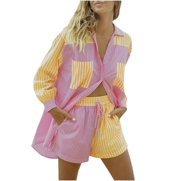 2 Piece Outfits for Women Loungewear Sets Casual Stripe Long Sleeve Button Down Shirts and Shorts Set Fall Tracksuit