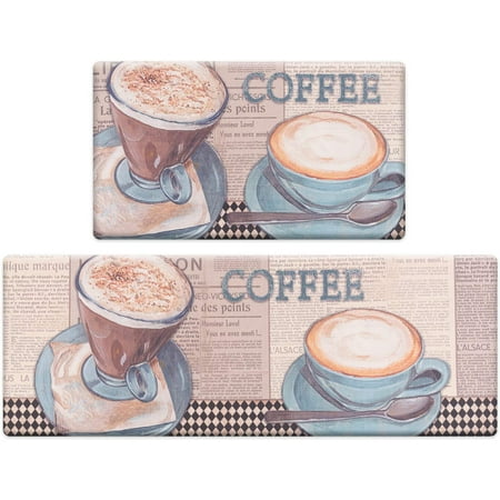 Coffee Theme Kitchen Rug Set 2 Piece, Anti-Fatigue Cushioned Kitchen