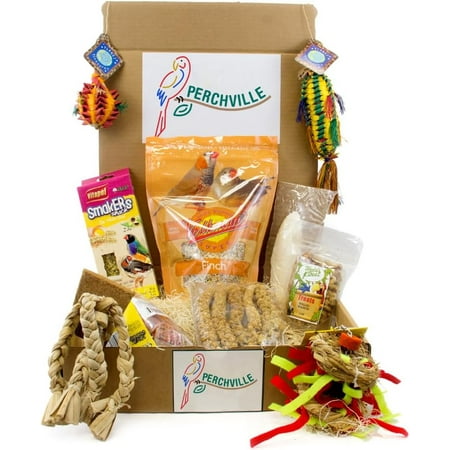 NewZooland Perchville Deluxe Mini Bird Box for Finches - Includes Foraging and Enrichment Toys, Treats, Surprise, and 4 Lb Bag of Volkman Avian Science Super Finch Bird Food